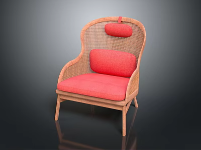 Elegant Rattan Leisure Chair With Comfortable Red Cushion And Sturdy Wooden Legs 3d model