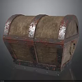 Vintage Wooden Chest With Worn Red And Blue Metal Bands And Rustic Design