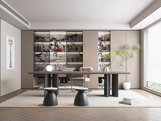 Style Study Desk Chair Computer Bookcase Green Plant Carpet 3d model