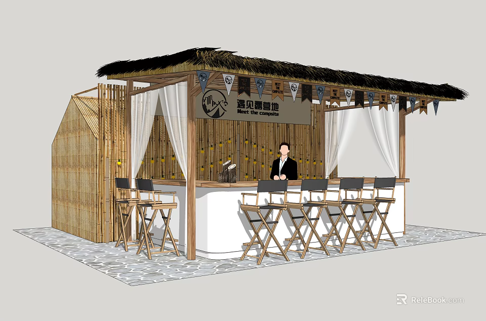 Bamboo Cabin With Thatched Roof Bar Counter High Stools And Flag Decorations 3d model