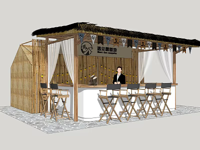 Bamboo Cabin With Thatched Roof Bar Counter High Stools And Flag Decorations 3d model