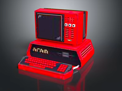 Retro Red Computer Desktop With ARAM Console Monitor And Keyboard 3d model