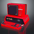 Retro Red Computer Desktop With ARAM Console Monitor And Keyboard