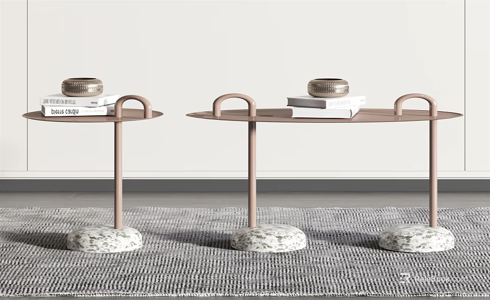 Modern Pink Side Table With Circular Top And Marble Base Featuring Decorative Bowl 3d model