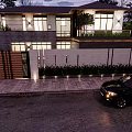 Modern Single Family House Exterior With Stone Wall Black SUV And Trees Under Cloudy Sky