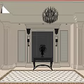 Elegant Elevator Hallway With Chandelier Stone Walls Hexagonal Tile Floor Console Table Vase Plant 3d model