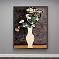 Botanical Painting with Transparent Vase and Pink Blue Flowers on Dark Background