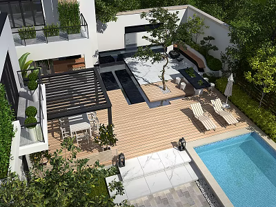Modern Garden Landscape With Swimming Pool Wooden Deck Pergola Loungers Green Plants And Patio 3d model