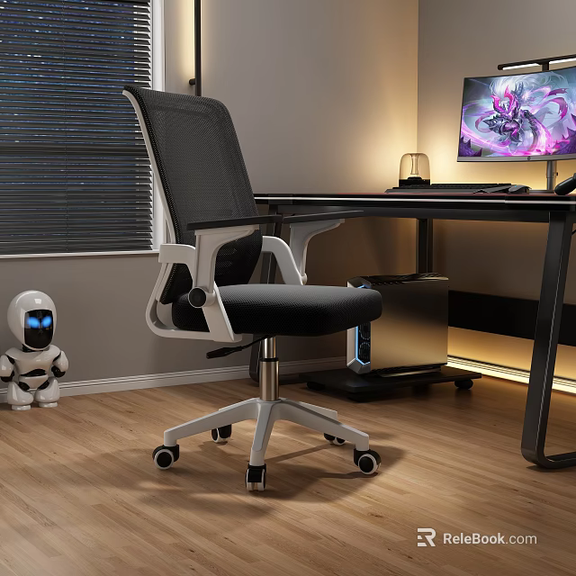 Modern Home Office Interior With Black Mesh Chair Desk Computer Monitor And Robot Figurine 3d model 