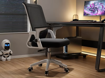 Modern Home Office Interior With Black Mesh Chair Desk Computer Monitor And Robot Figurine 3d model