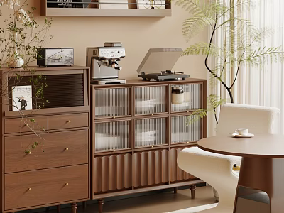 Modern Brown Wooden Sideboard With Glass Doors Drawers Coffee Machine On Top And Potted Plant 3d model