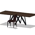 Dark Long Dining Table Set With Crossed Black Legs And Woven Chair