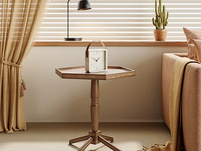 Wooden Side Table With Clock On Top In Living Room With Sofa Lamp And Cactus 3d model
