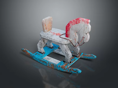 Children's Vintage Wooden Rocking Horse With Red Head And Blue Base 3d model