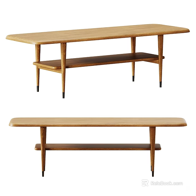 Wooden Coffee Table With Minimalist Design Slim Legs And Lower Storage Shelf 3d model 