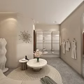 Elegant Modern Clothing Store Interior With Curved Sofa Decorative Paintings And Round Coffee Table