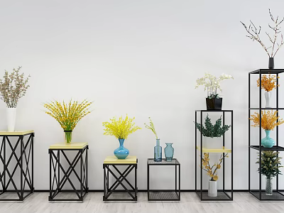 Garden Decorative Elements With Metal Shelves Colorful Vases And Potted Plants 3d model