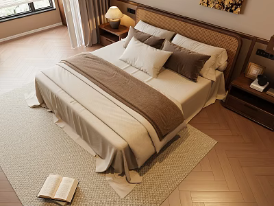 Cozy Double Bed Bedroom Interior With Bedside Tables Table Lamps Open Book And Wooden Floor 3d model