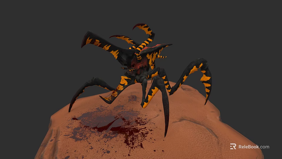 Black And Yellow Striped Spider Like Creature Standing On Sandy Ground With Bloodstain 3d model 