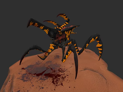 Black And Yellow Striped Spider Like Creature Standing On Sandy Ground With Bloodstain 3d model