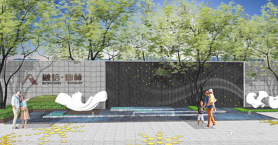 Rongxin Shanlin Project Landscape Wall With Trees Water Pool And Yellow Decorative Dots 3d model 