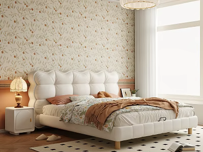 Double Bed with White Upholstered Headboard Floral Wallpaper Nightstand and Table Lamp in Bright Bedroom 3d model