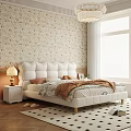 Double Bed with White Upholstered Headboard Floral Wallpaper Nightstand and Table Lamp in Bright Bedroom