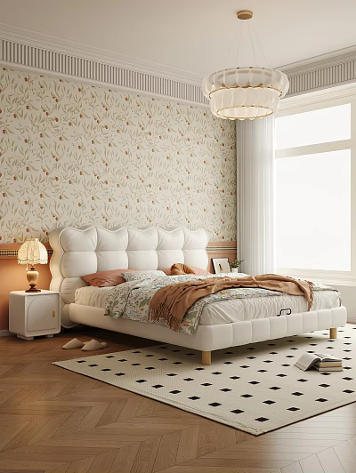Double Bed with White Upholstered Headboard Floral Wallpaper Nightstand and Table Lamp in Bright Bedroom 3d model