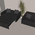 Black Leather Double Sofa Convertible Design With Potted Plant And Window Blinds