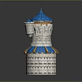 Detailed Blue And White Brick Tower Model With Spire Roof Yellow Trim And Cylindrical Structure