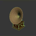 Vintage Phonograph With Ornate Brass Horn And Wooden Base Design