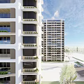 Modern High Rise Residential Building With Balconies And Green Trees Under Clear Sky