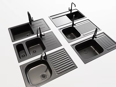 Black Kitchen Sinks With Various Designs And Drainer Boards For Modern Kitchens 3d model