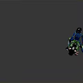 Green Sporty Motorcycle With Rider Wearing Blue Suit With Green Patterns And Helmet