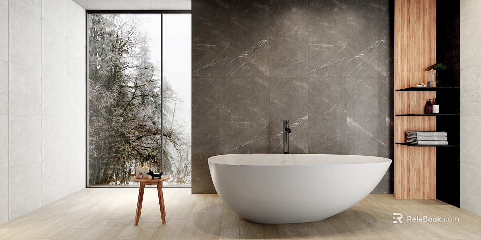 Freestanding White Bathtub With Gray Marble Wall Snowy Trees Through Window Wooden Floor And Stool 3d model 