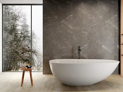 Freestanding White Bathtub With Gray Marble Wall Snowy Trees Through Window Wooden Floor And Stool 3d model
