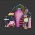 Elegant Gold Geometric Decor Frame With Pink Vase Round Stands And Square Cushions