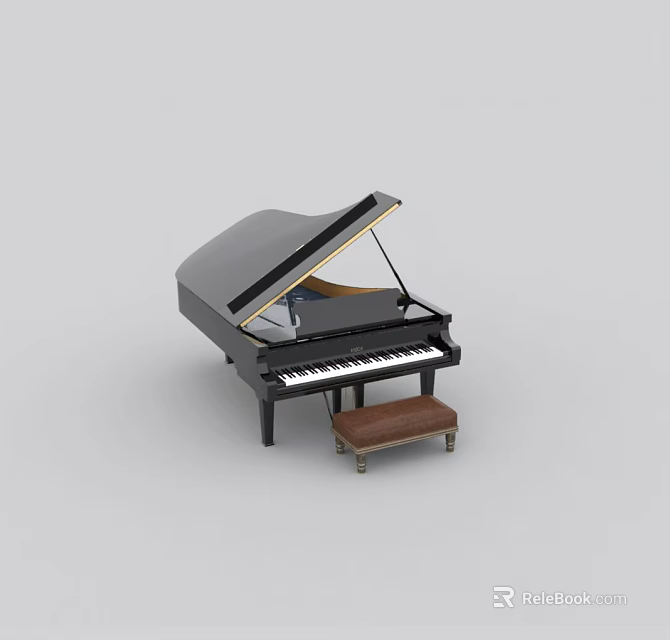 Black Grand Piano Musical Instrument With Open Lid And Wooden Stool 3d model 