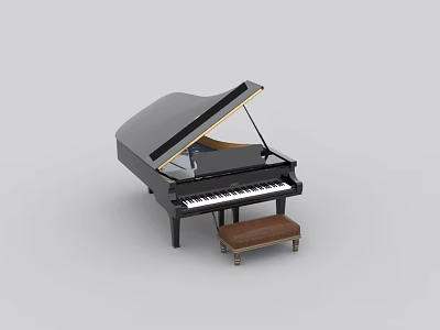 Black Grand Piano Musical Instrument With Open Lid And Wooden Stool 3d model