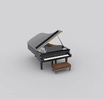 Black Grand Piano Musical Instrument With Open Lid And Wooden Stool 3d model