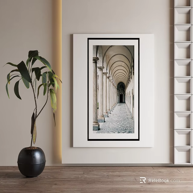 Modern Room Interior With Arcade Corridor Painting Green Plant And White Shelf 3d model 