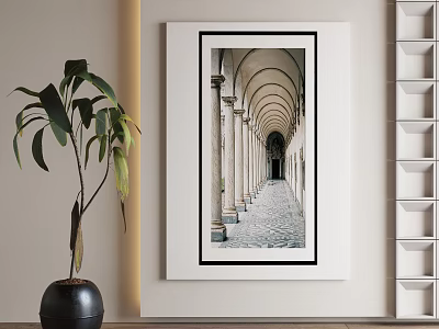 Modern Room Interior With Arcade Corridor Painting Green Plant And White Shelf 3d model