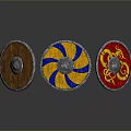 Multiple Colorful Wooden Shields With Metal Edges Sun Dragon Patterns