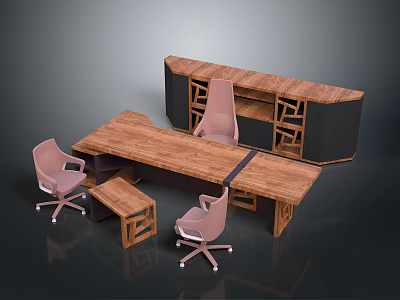 Wooden Office Furniture Set Featuring Large Desk Pink Swivel Chairs And Storage Cabinet 3d model