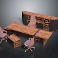 Wooden Office Furniture Set Featuring Large Desk Pink Swivel Chairs And Storage Cabinet