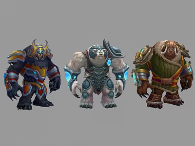 Game Fantasy Anthropomorphic Warrior Characters With Horned Armor Glowing Elements And Color Variations 3d model