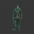 Man in Traditional Ancient Dark Armor With Red Decorative Belt Weapon at Waist Wearing Helmet
