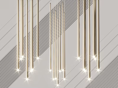 Silver Slender Chandelier with Bright Lighting Effects Against Gray Diagonal Striped Background 3d model