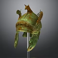 Ancient Bronze Sculpture Helmet With Intricate Carved Animal Figure And Wing Ornaments