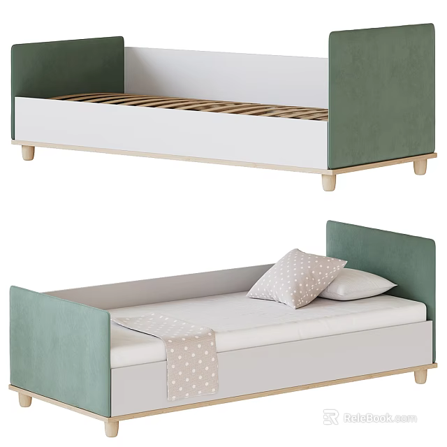 Modern Single Bed Design With Green Upholstered Headboard White Frame And Wooden Legs 3d model 